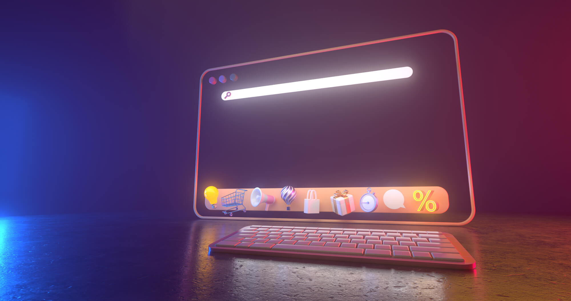 3d Rendering Of Web Icons And Neon Light.